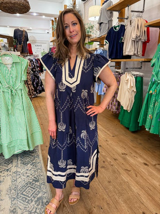 Navy Palm Tree Embroidered Midi Dress with Notched V-neck and Short flutter sleeves. Relaxed midi dress. Not Lined.