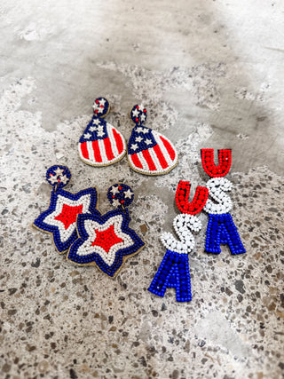 Beaded Star Earrings in the Colors Red, White, and Blue