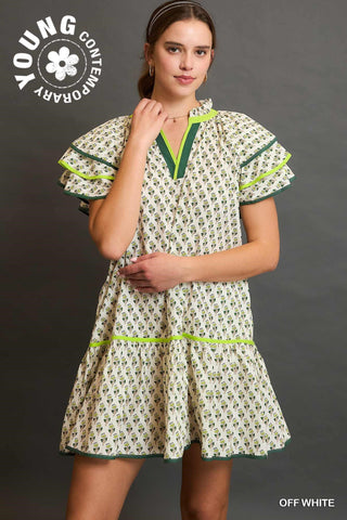 Mini Dress with floral print, flutter sleeves, tiered skirt, v-neckline, and contrast border trim