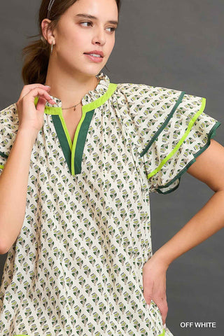 Mini Dress with floral print, flutter sleeves, tiered skirt, v-neckline, and contrast border trim