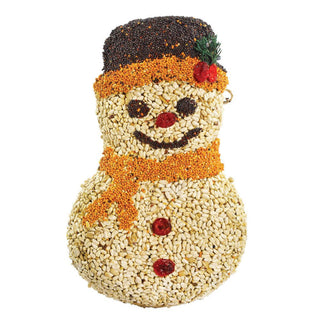 Snowman-shaped bird seed sculpture with a black top, orange scarf, and red berries on a white background