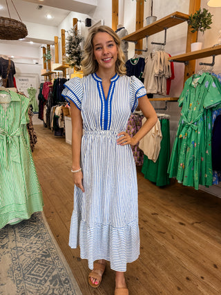 Blue and White Striped Midi Dress with Flutter Sleeves, Elastic Wast, Split Neckline, and Contrast Trim. Not Lined.