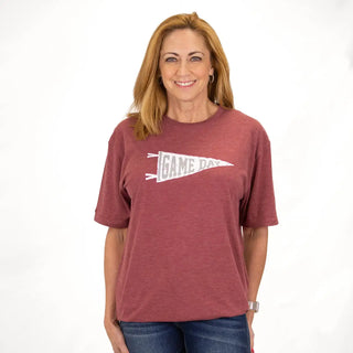 Short Sleeve Maroon Crewneck T-Shirt with White Printed Game Day Pennant Design
