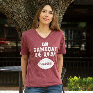 Short Sleeve Maroon Crewneck T-Shirt with White Printed "On Gameday We Wear Maroon" Design