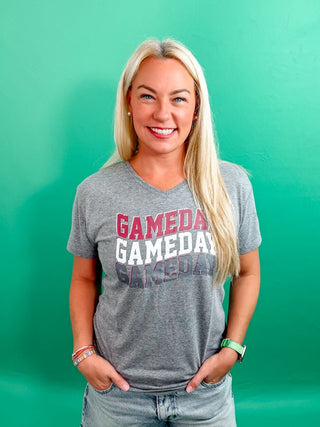 Grey V-Neck T-Shirt with Maroon, White, and Grey Gameday Wave Printed Design
