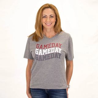 Grey V-Neck T-Shirt with Maroon, White, and Grey Gameday Wave Printed Design