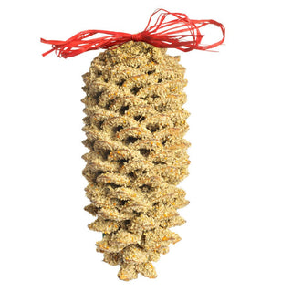 Decorative pine cone bird feeder with a red ribbon on a white background