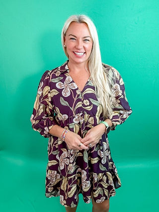 Brown Mix Tropical Floral Ruffle Mini Dress with Three Quarter Puff Sleeves, Tiered Skirt with Ruffled Hem, and V-Neckline
