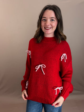 ROUND NECKLINE CREW NECKLINE LONG SLEEVES DROP SHOULDER EXTENDED SHOULDER RELAXED FIT CONTRAST YARN BOW DETAIL SOLID NOT LINED KNIT PULLOVER SWEATER