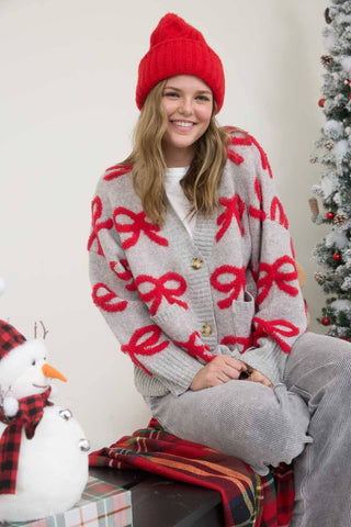 V NECKLINE LONG SLEEVES DROP SHOULDER EXTENDED SHOULDER RELAXED FIT OVERSIZED BOW JACQUARD PATTERN KNIT CARDIGAN SWEATER WOOL BLEND&nbsp;