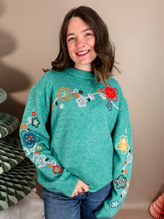FLORAL EMBROIDERY PULLOVER SWEATER WITH DROP SHOULDER, RIBBED CUFFS AND ROUND NECKLINE