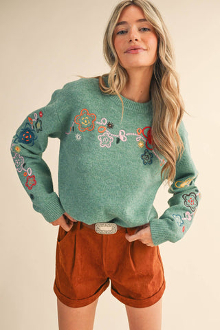 FLORAL EMBROIDERY PULLOVER SWEATER WITH DROP SHOULDER, RIBBED CUFFS AND ROUND NECKLINE