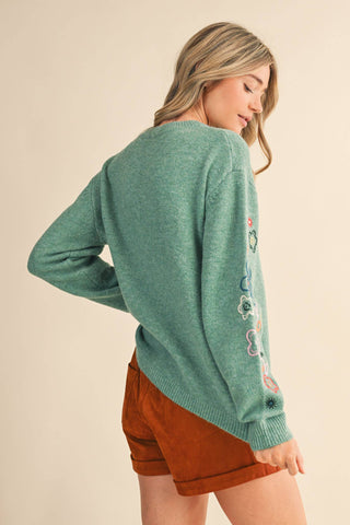 FLORAL EMBROIDERY PULLOVER SWEATER WITH DROP SHOULDER, RIBBED CUFFS AND ROUND NECKLINE