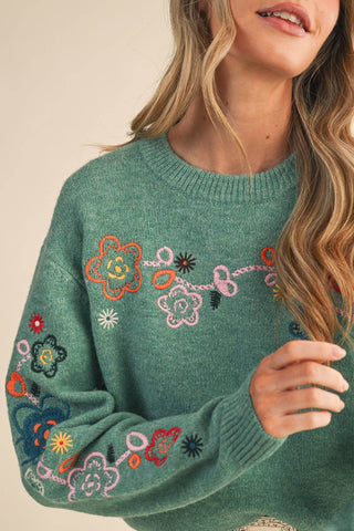FLORAL EMBROIDERY PULLOVER SWEATER WITH DROP SHOULDER, RIBBED CUFFS AND ROUND NECKLINE