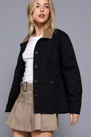 Long Sleeve Corduroy Collar Detail Cotton Twill Work Jacket