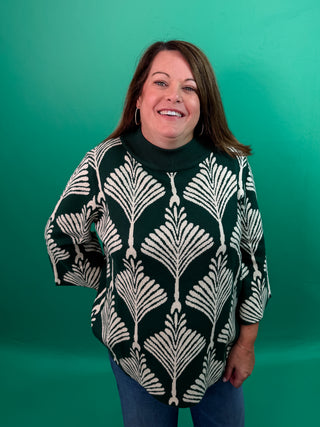 Green and White Abstract Pattern Sweater with Mock Neckline, Boxy Silhouette, and Three Quarter Wide Sleeves