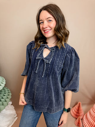 Corduroy Puff Sleeve Blouse with Vertical Front Pleats, Keyhold Tie Detail, 3/4 Puff Sleeves, and Boxy Silhouette