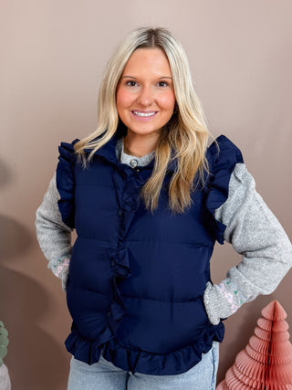 Navy Blue Front button down solid puffer vest with ruffle trim