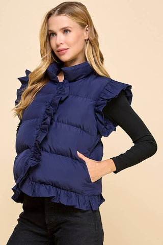Navy Blue Front button down solid puffer vest with ruffle trim