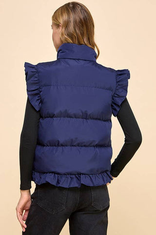 Navy Blue Front button down solid puffer vest with ruffle trim