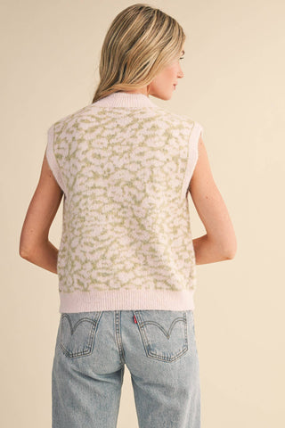Sage Green and Light Pink Leopard Knit Sweater Vest with Round Neckline and Decorative Gold Buttons