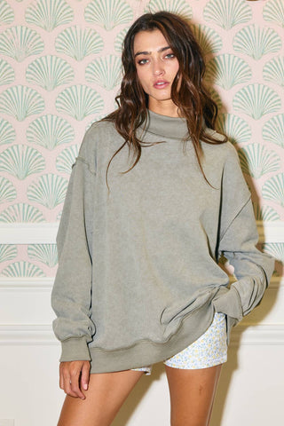 Olive Green Vintage Wash Print Mock Neck Oversized Sweatshirt