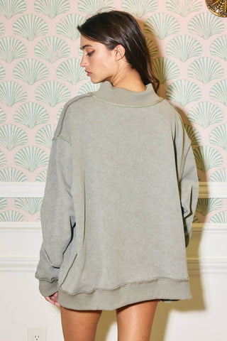 Olive Green Vintage Wash Print Mock Neck Oversized Sweatshirt