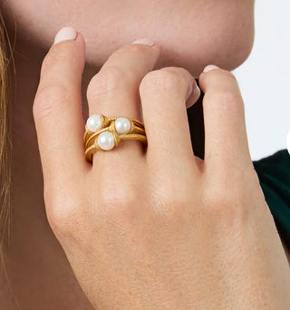 Julie Vos Calypso Trio Ring - Set of 3, Pearl Stone, and Braided Gold Band