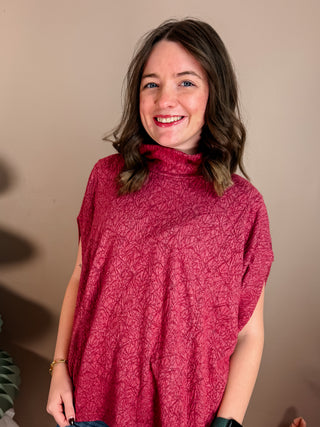 Berry Fleece Textured Mock Neck Relaxed Top with Dolman Sleeves, Side Slots and Straight, Easy-Fit Hemline