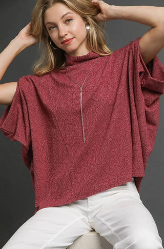 Berry Fleece Textured Mock Neck Relaxed Top with Dolman Sleeves, Side Slots and Straight, Easy-Fit Hemline