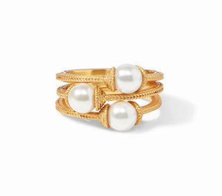 Julie Vos Calypso Trio Ring - Set of 3, Pearl Stone, and Braided Gold Band