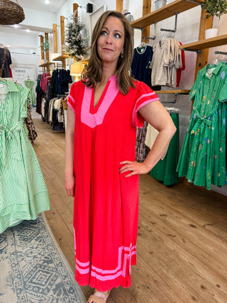 Red and Pink Linen Cotton Contrast Neckline Midi Dress with Cap Sleeves, Contrast Neckline, Relaxed A-Line Silhouette, and Side Slits. Not Lined.