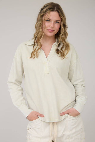 COLLARED SPLIT NECK LONG SLEEVES DROP SHOULDER ACID WASHED TONES MAY VARY U HEM KNIT TOP