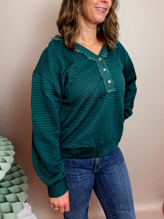 Evergreen Quilted Long Sleeve Top with Jacquard Fabric, Boxy Fit, Frayed Hem, and Hoodie