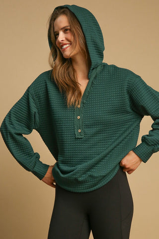 Evergreen Quilted Long Sleeve Top with Jacquard Fabric, Boxy Fit, Frayed Hem, and Hoodie