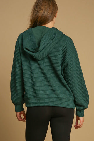 Evergreen Quilted Long Sleeve Top with Jacquard Fabric, Boxy Fit, Frayed Hem, and Hoodie