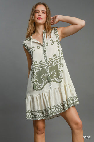 Sage Green and White Mini Dress with Boho Print, Contrast Border Print, Split Neckline with Tie Detail and Tiered Skirt