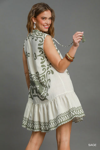 Sage Green and White Mini Dress with Boho Print, Contrast Border Print, Split Neckline with Tie Detail and Tiered Skirt