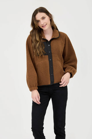 HIGH COLLARED SNAP BUTTON DOWN LONG SLEEVES POCKETS COLORBLOCK TEDDY FLEECE JACKET OUTERWEAR NOT LINED