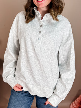 Heathered White Luxeknit Scallop Hem Snap Pullover