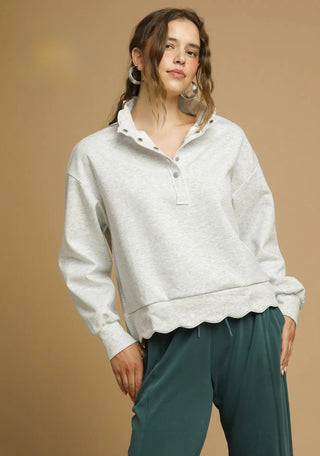 Heathered White Luxeknit Scallop Hem Snap Pullover