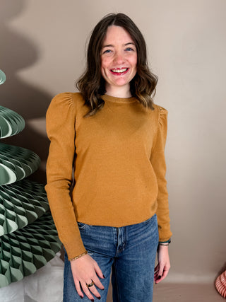 BROWN CLASSIC CREW NECKLINE PULLOVER SWEATER WITH GATHERED OUFF SLEEVES