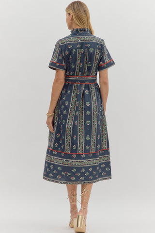 Linear floral pattern short short sleeve pleated ruffle neck band button closure shirt midi shirt featuring contrast accent inset detail. Removable belt. Side pockets. Lined. Woven. Non-sheer. Lightweight.