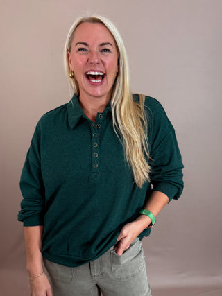 COLLARED HALF SNAP BUTTON HENLEY NECKLINE LONG SLEEVES DROP SHOULDER KNIT TOP RELAXED FIT SOLID NOT LINED KNIT TOP