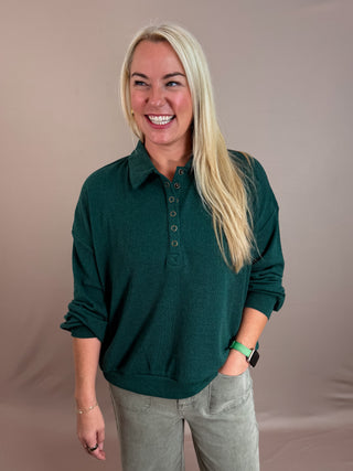 COLLARED HALF SNAP BUTTON HENLEY NECKLINE LONG SLEEVES DROP SHOULDER KNIT TOP RELAXED FIT SOLID NOT LINED KNIT TOP