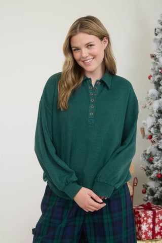 COLLARED HALF SNAP BUTTON HENLEY NECKLINE LONG SLEEVES DROP SHOULDER KNIT TOP RELAXED FIT SOLID NOT LINED KNIT TOP