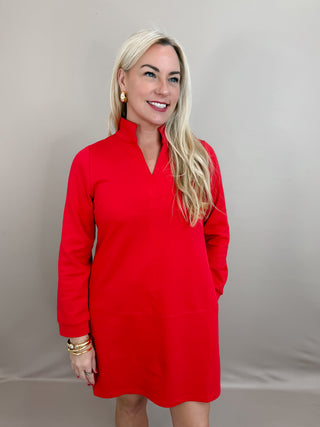 Red Mini Dress with Pockets, Short Collar, and V-Neckline