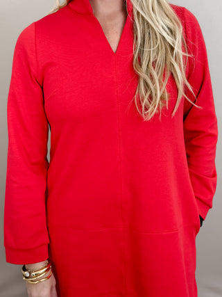Red Mini Dress with Pockets, Short Collar, and V-Neckline