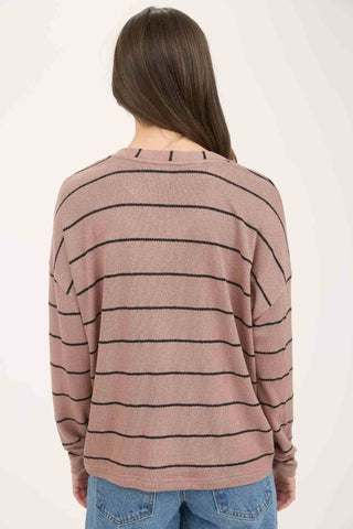 V NECK LONG SLEEVES DROP SHOULDER STIPE PATTERN NOT LINED KNIT TOP&nbsp;