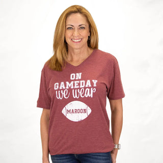 Short Sleeve Maroon Crewneck T-Shirt with White Printed "On Gameday We Wear Maroon" Design